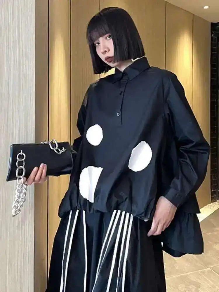 EAM Women Black Color-block Dot Big Size Blouse New Lapel Long Sleeve Large Hem Shirt Fashion Tide Spring Autumn 2024 1DH4274
