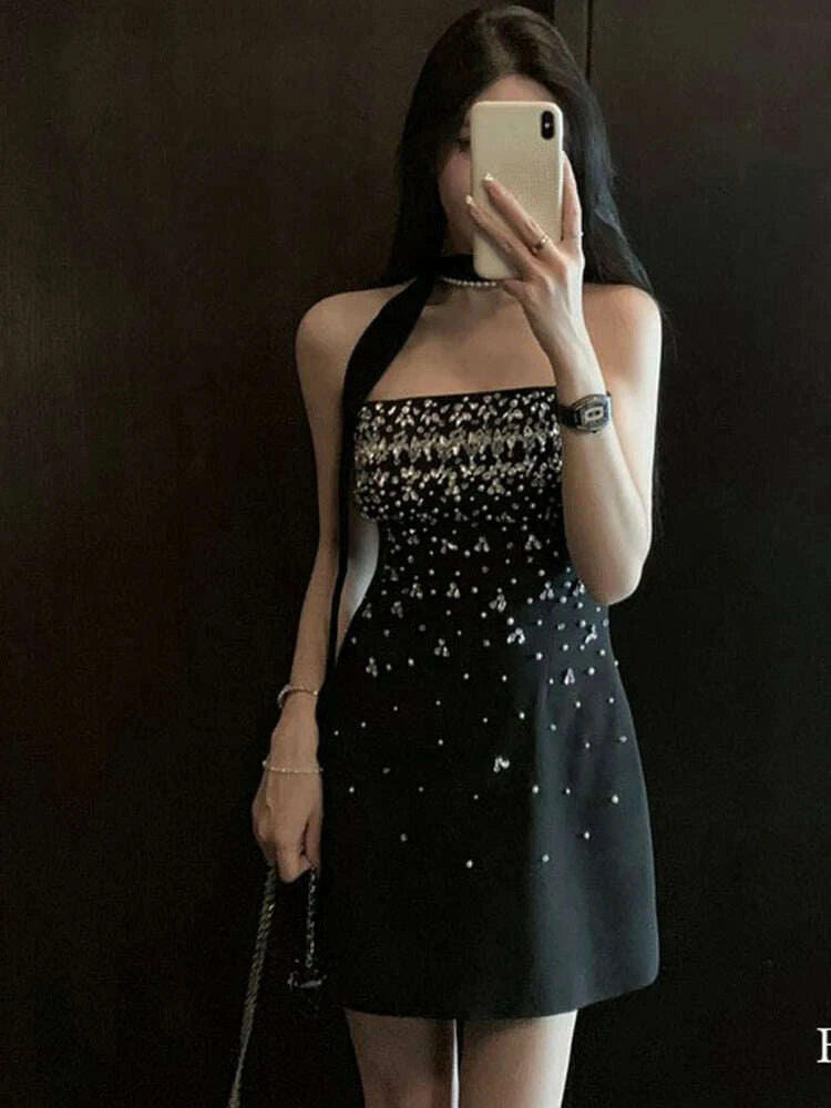 KIMLUD, Spring Women Sleeveless Slash Neck Mini Dress New Luxury Diamonds Chest Wrapping Dresses Summer High Waist Backless A-line Dress, KIMLUD Womens Clothes