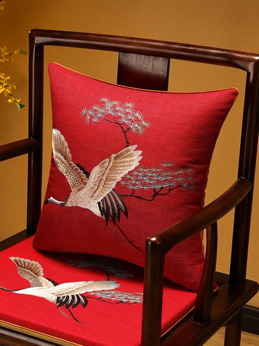 Embroidered Chinese Luxury Cushion Cover 45x45cm Elegant Crane Decorative Linen Pillowcase Living Room Sofa Autumn Pillow Covers