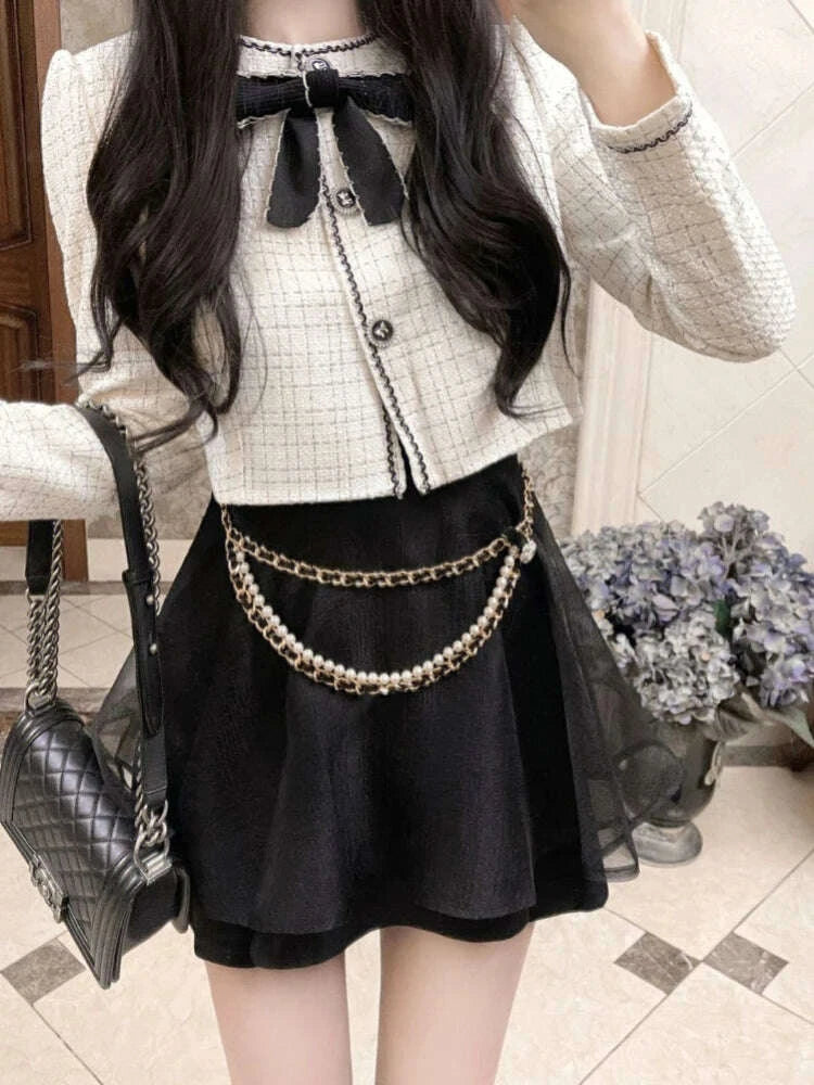 KIMLUD, Temperament Two Piece Stes Women 2025 Ropa Mujer Bow Lang Sleeve Jackets Mini Pleated Skirt Outfits Fashion Sweet Y2k Clothes, KIMLUD Womens Clothes