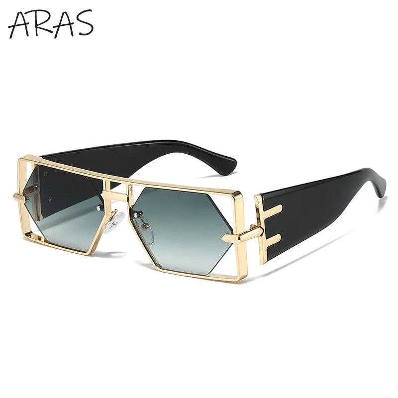 Steampunk Sunglasses Rectangle Hexagon Frame Hollow Alloy — Gold | KIMLUD