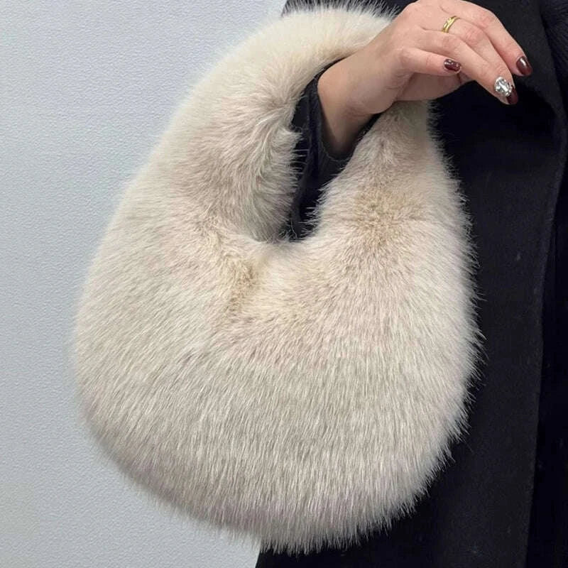 KIMLUD, Fashion Soft Plush Half Moon Bags for Women Designer Fluffy Faux Fur Lady Handbags Luxury Small Tote Female Winter Purses, KIMLUD Womens Clothes
