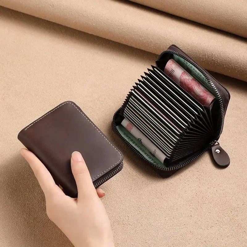 Vintage PU Leather Card Holder Wallet With Multi Slot Zipper — Black | KIMLUD