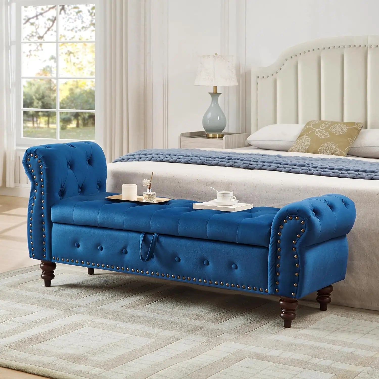 Velvet Storage Bench, End of Bed Storage Bench with Rolled Armrest, Entryway Ottoman with Nailhead Trim and Button Tufting, Stor