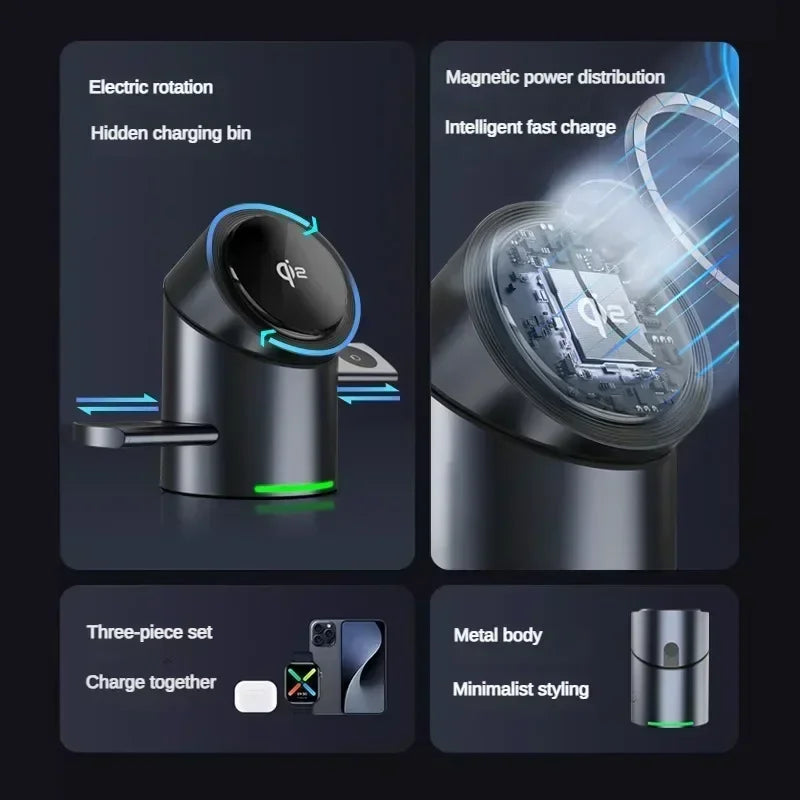 New Truly Qi2 3 In 1 Magsafe Magnetic Touch Button Wireless Charger For Android iPhone iWatch Airpods Fast Charging Dock Station