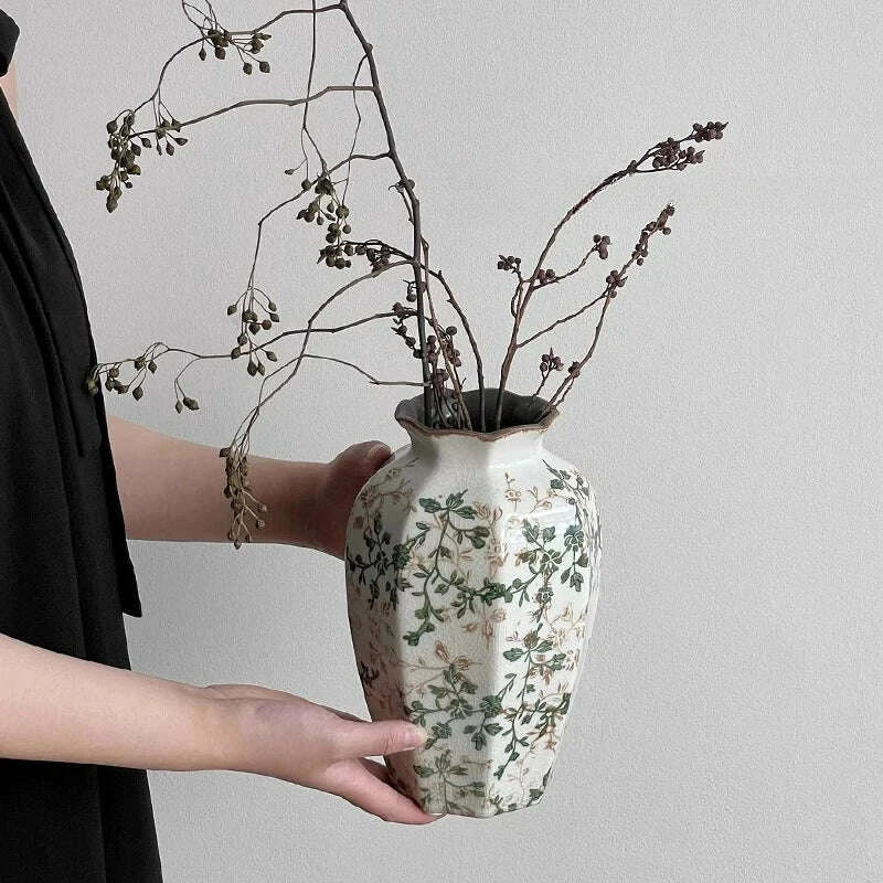 KIMLUD, New Chinese pastoral green retro ceramic vase flower arrangement hydroponics living room dining table creative ornament, KIMLUD Womens Clothes