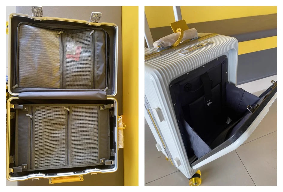 Aluminum Front-Opening Carry-On Luggage — Deep Navy With Mint Accents | KIMLUD