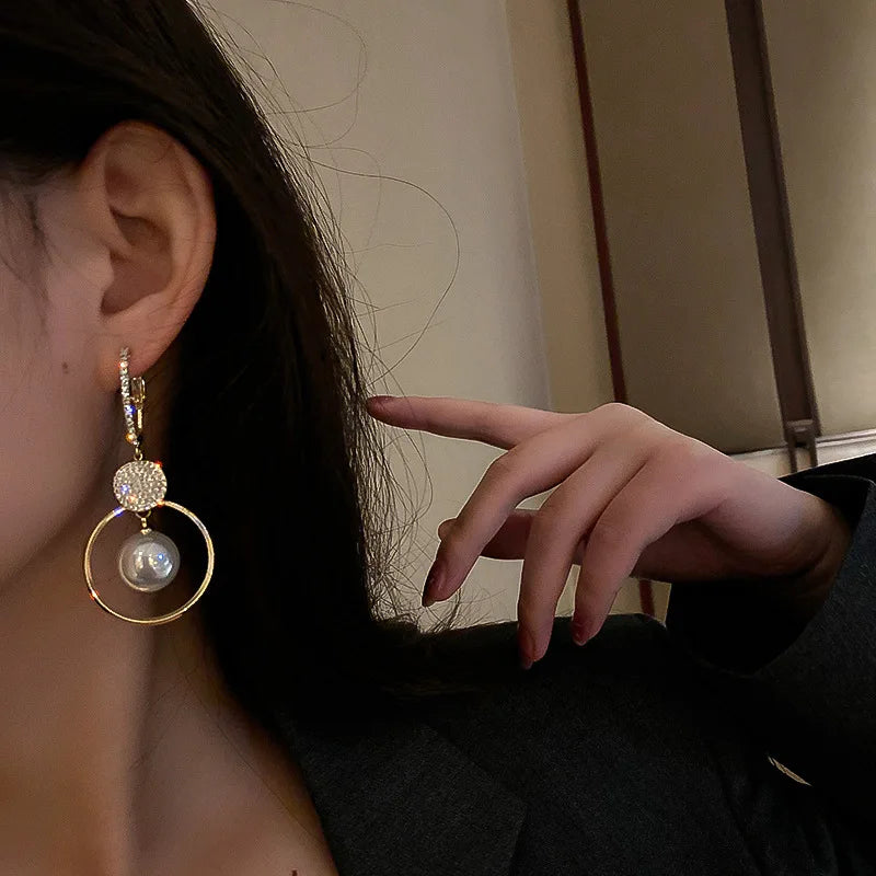 Imitation Pearl Drop Earrings Long Tassel — Crystal | KIMLUD