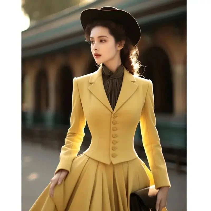 Elegant Retro Blazer & Pleated Skirt Set - Office Two-Piece Suit