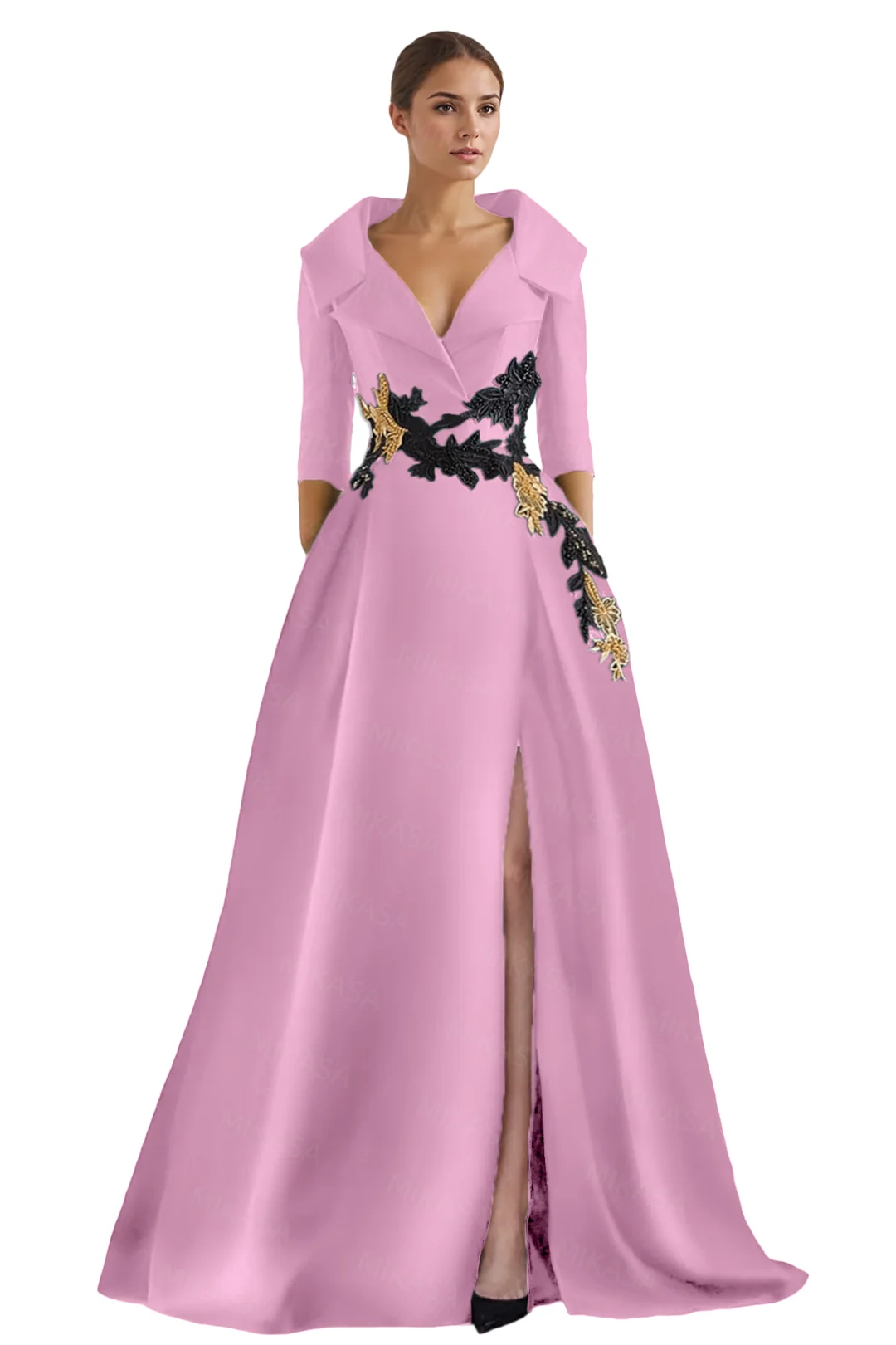 KIMLUD, Classic Satin Evening Dresses For Women Wedding Party Guest V-neck Three Quarter A-line Side Slit Elegant Prom vestidos de gala, KIMLUD Womens Clothes