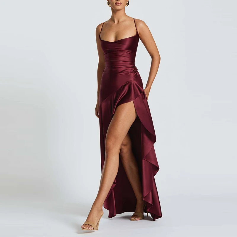 Banquet Luxury Irregular Solid Prom Gown Temperament High Waist Sleeveless Satin Dress Sexy Off Shoulder Slim Halter Long Robes