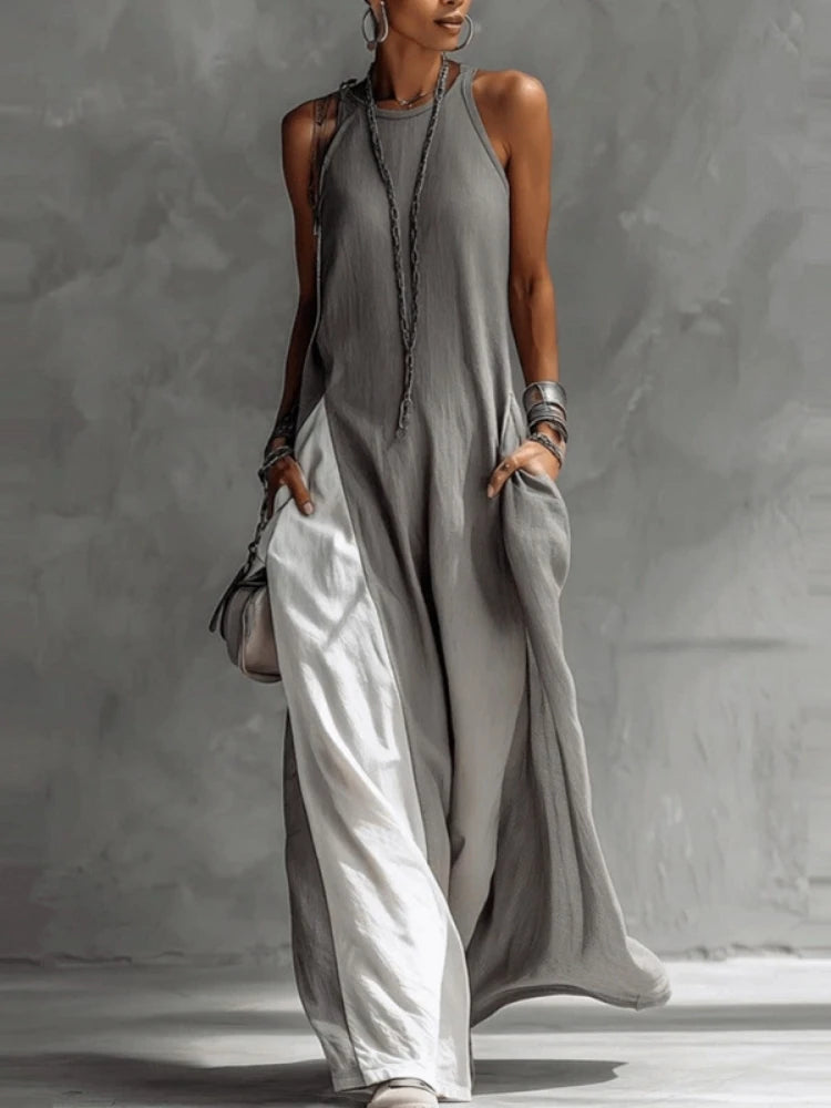 Strappy Maxi Dress Color Block With Pockets