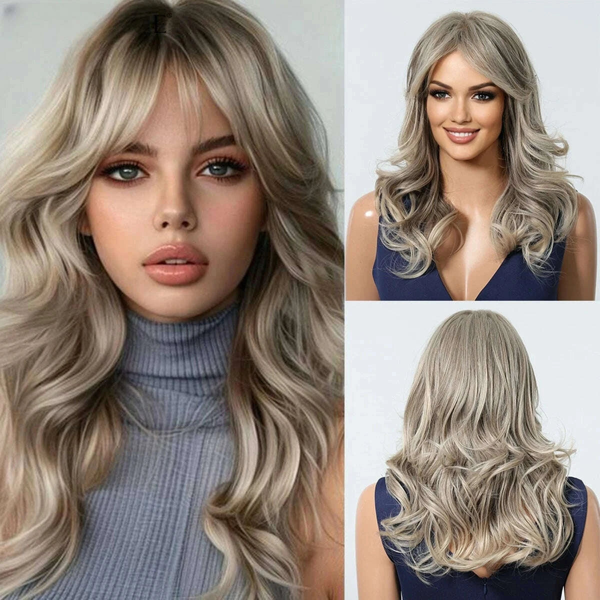 KIMLUD, Golden Blonde Mixed Synthetic Wig Dark Root Wavy Hair With Side Bangs for Women Daily Party Cosplay wig Heat Resistant Fiber, KIMLUD Womens Clothes
