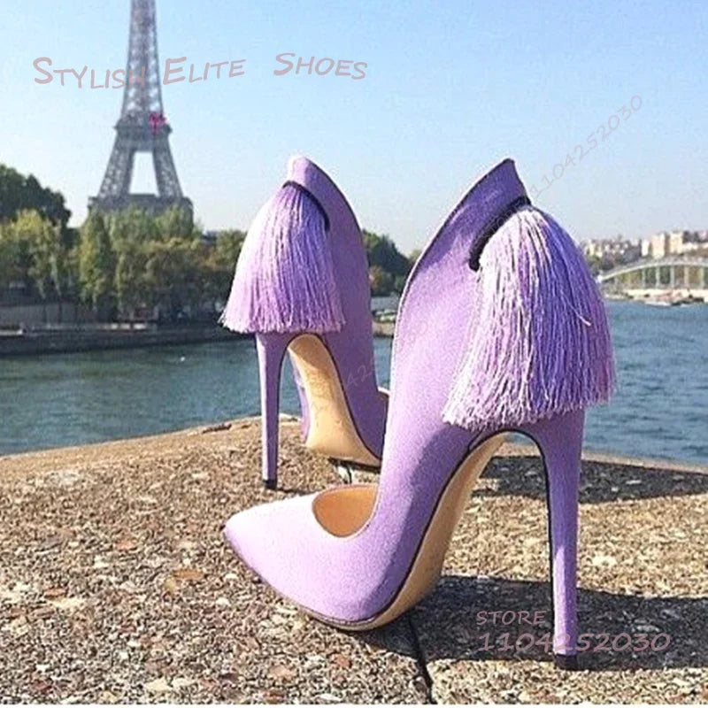 Purple Heel Tassel Suede Stiletto Feather Sandals Pointed Heels Women Hollow Pump Red Light Yellow Dance Fuchsia Cute Party Shoe