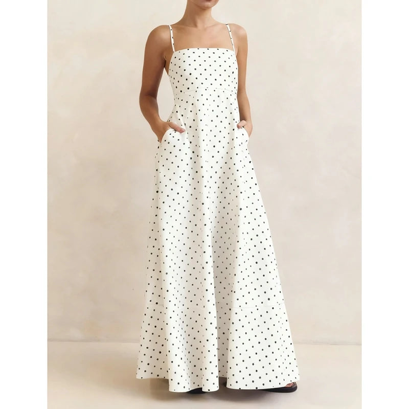 A-Line Dot Print Slip Dress Spaghetti Strap — Brown With White Dots | KIMLUD