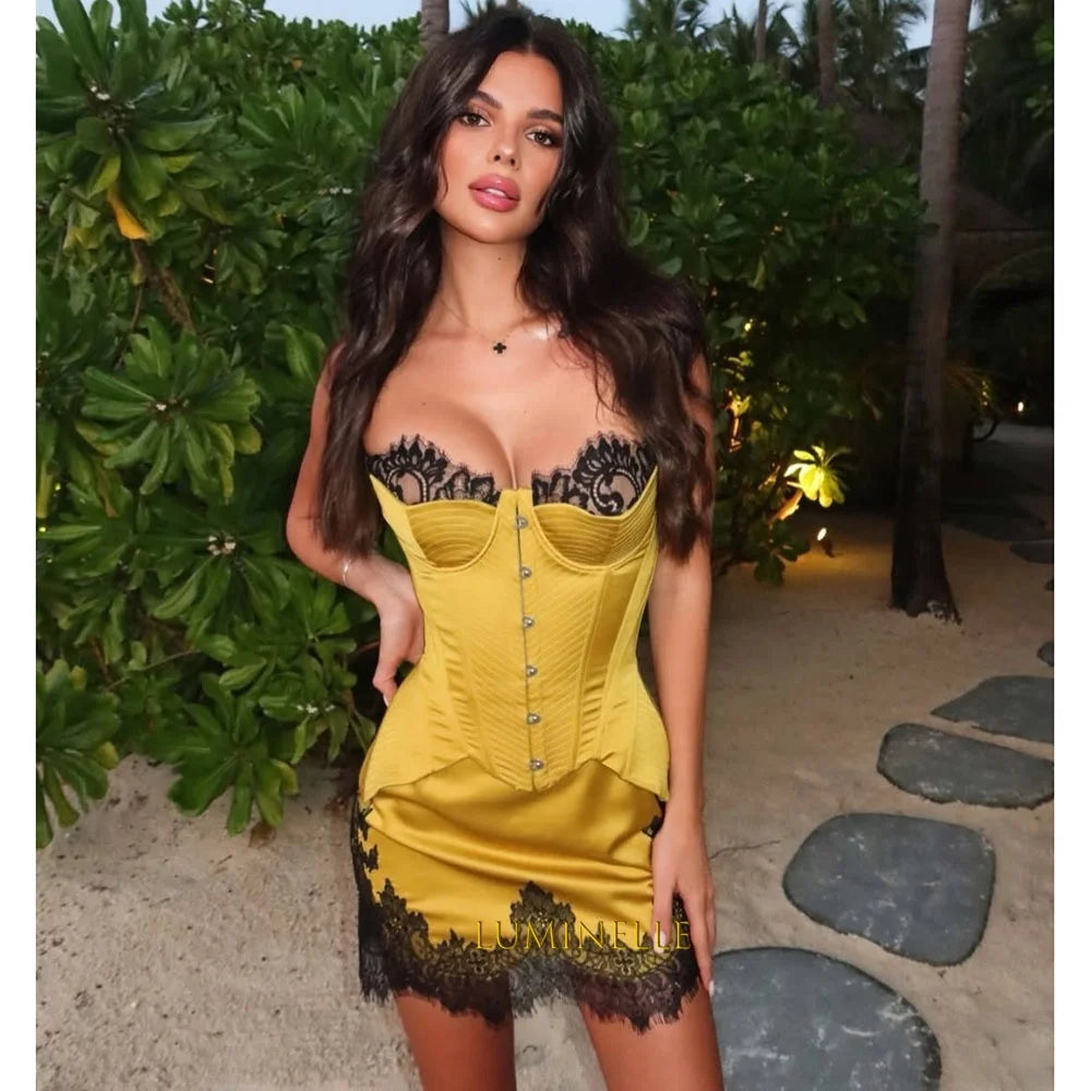 Short Satin Evening Dress – Spaghetti Strap Bodycon – Lace Corset | KIMLUD