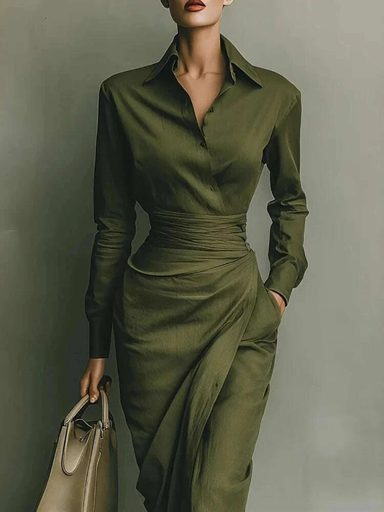 Elegant Asymmetrical Lapel Women's Midi Dress Green Ruched Long Sleeve