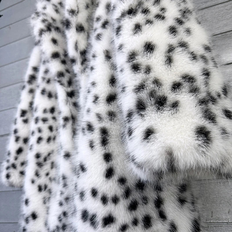 Coat – Leopard Print Faux Fox Fur – Winter Long Style – White | KIMLUD
