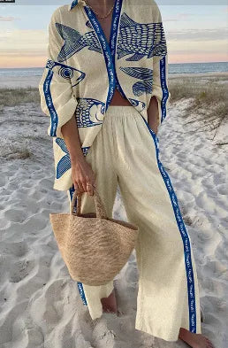 Two-Piece Set – Boho Beach Print – Loose Silhouette | KIMLUD
