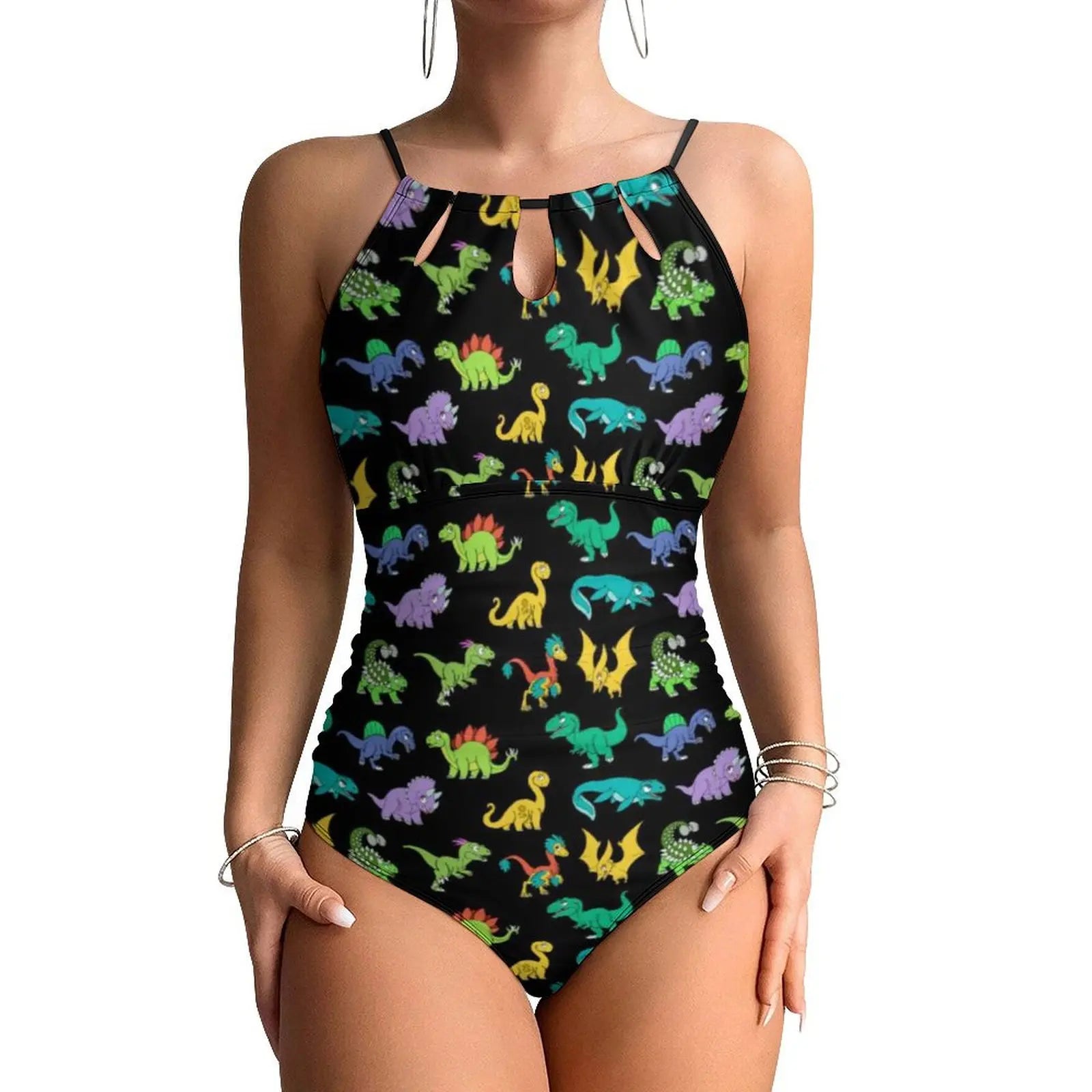 Halter One-Piece Swimsuit With Botanical Dinosaurs Print — Pastel Green | KIMLUD
