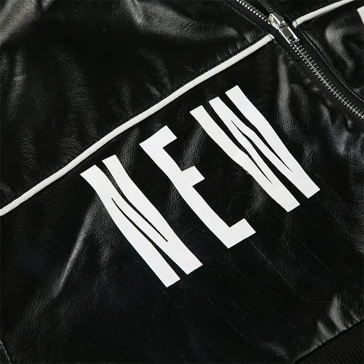 Stylish PU Patchwork Women Jacket - Letter Print Hipster Button Zip Crop Coat