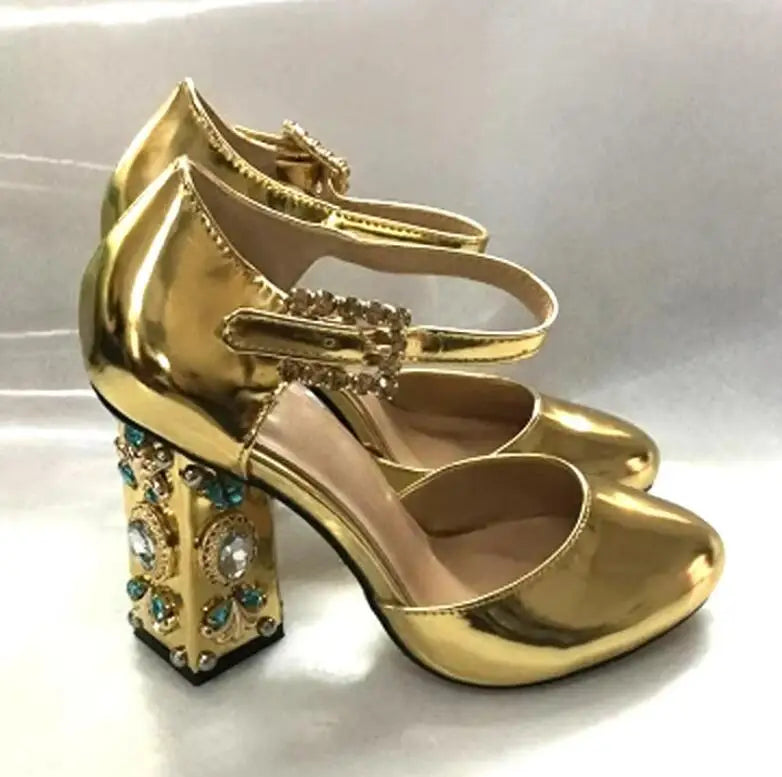 Gold Mirror Patent Leather Sandals Rhinestone Buckle Glitter Round Toe Chunky Heels — Gold | KIMLUD
