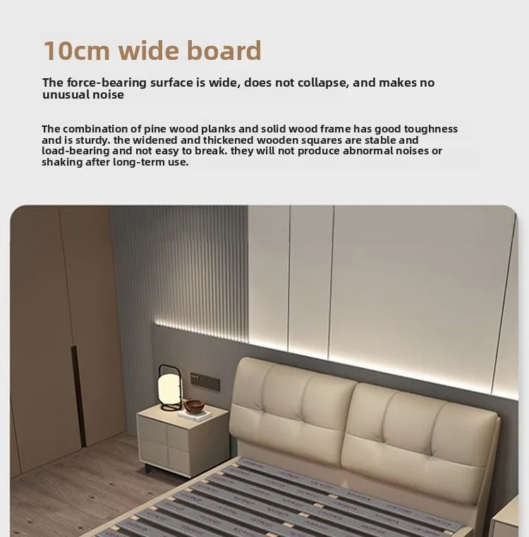 Modern Minimalism Genuine Napa Leather Bed With Built-In Storage Drawers — Beige | KIMLUD