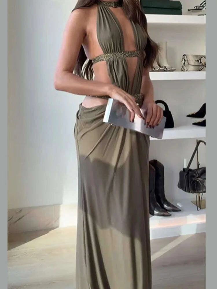 KIMLUD, Fashion Hollow Out Maxi Dress Women's Chic U-neck Long Sleeve Solid High Waist Slim Dresses 2025 Lady Sexy Party Vacation Gown, KIMLUD Womens Clothes