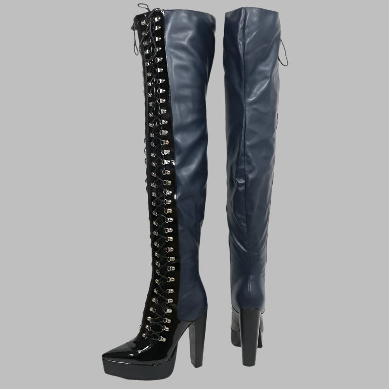 Sorbern Navy Blue Long Boots Women Fetish Style Block High Heel Pointed Toe Lace Up D-Hooks Mid Thigh High Boots Female Shoes