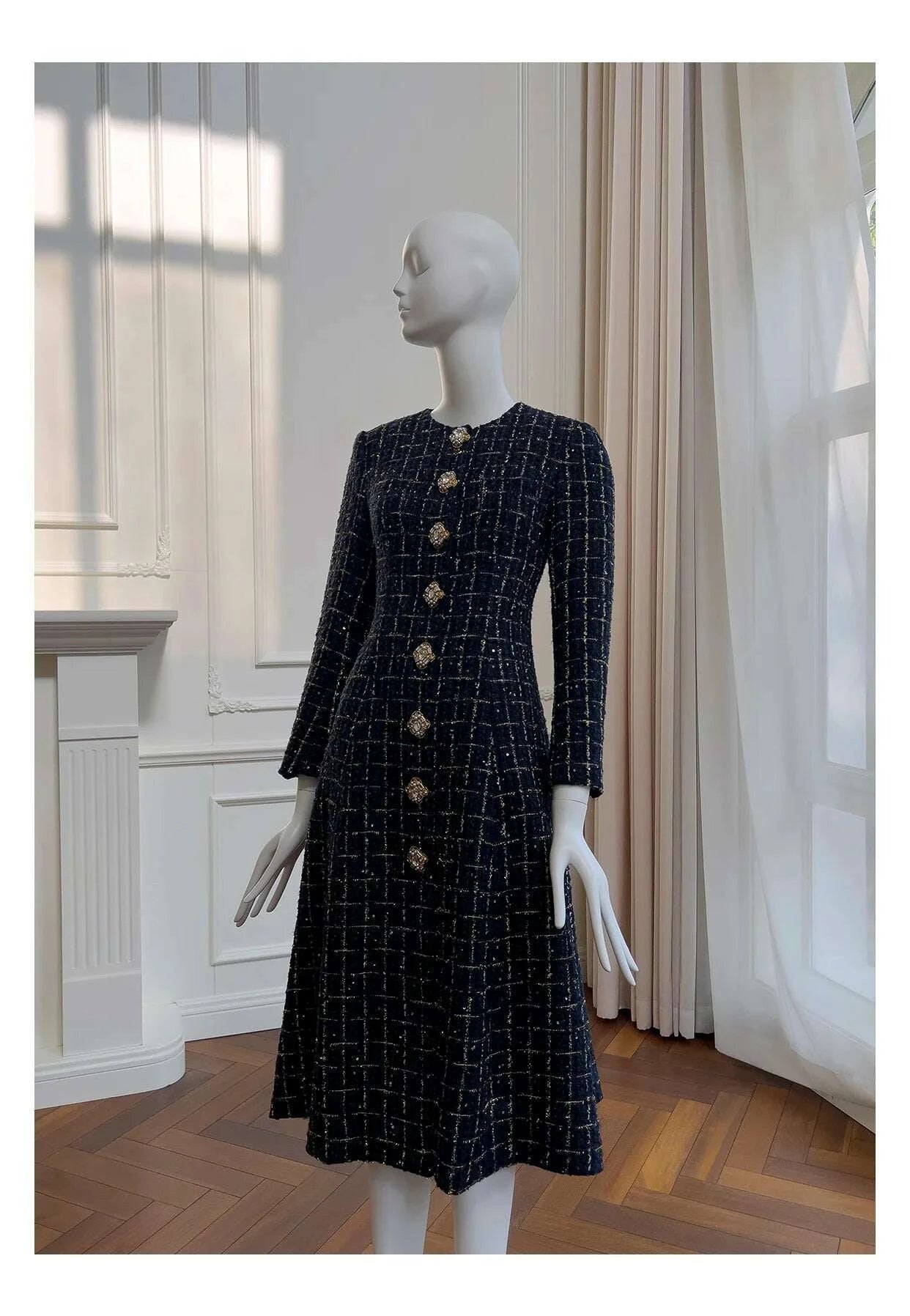 KIMLUD, IEQJ Fashion Autumn Winter Evening Dress Women O-Neck Long Sleeves Single-breasted Zipper Cotton Tweed Umbrella Dresses New, KIMLUD Womens Clothes