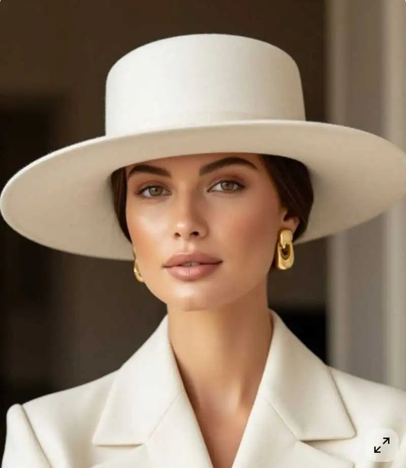 French Felt Flat-Top Wide-Brim Hat — Ivory | KIMLUD