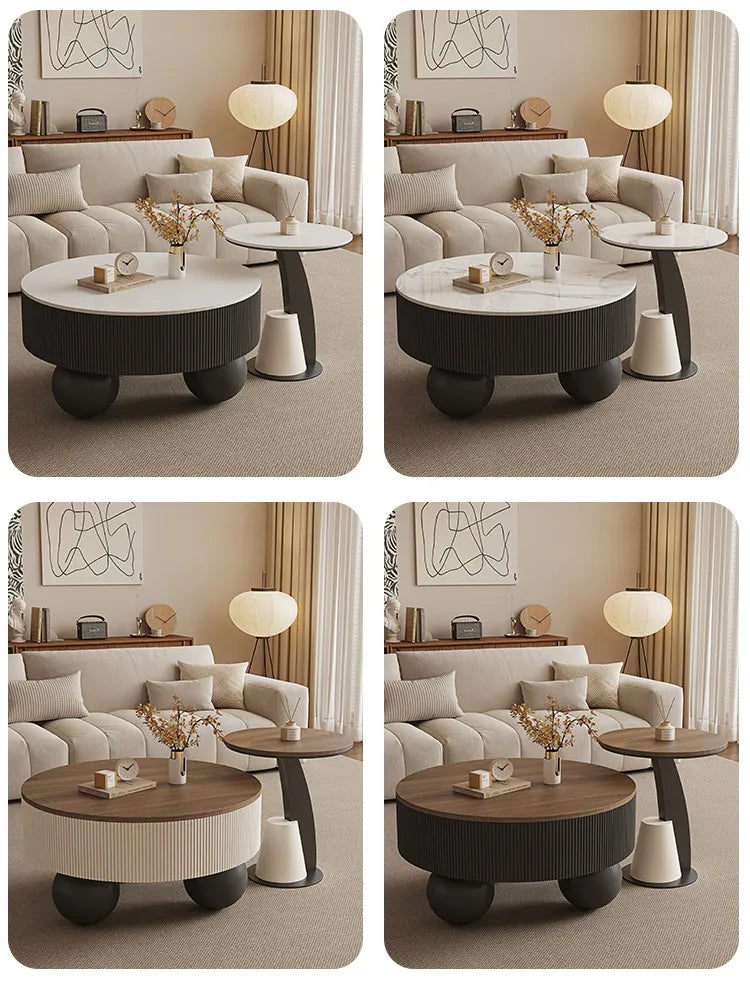 Minimalist Round Coffee Table With Storage Drawers — Ivory White | KIMLUD