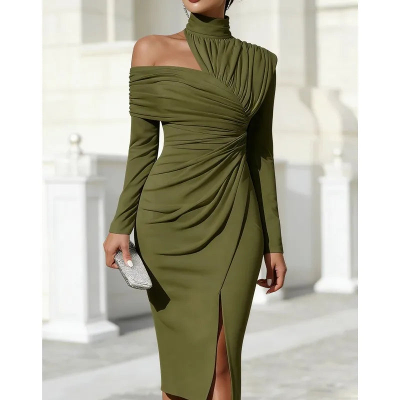 Polyester Knit Dress Off-Shoulder Long-Sleeve Pleated Slit — Black | KIMLUD