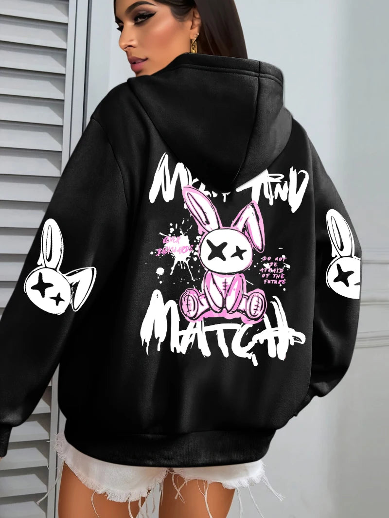 Hoodie – Cartoon Rabbit Prints – Loose Silhouette – Hooded | KIMLUD