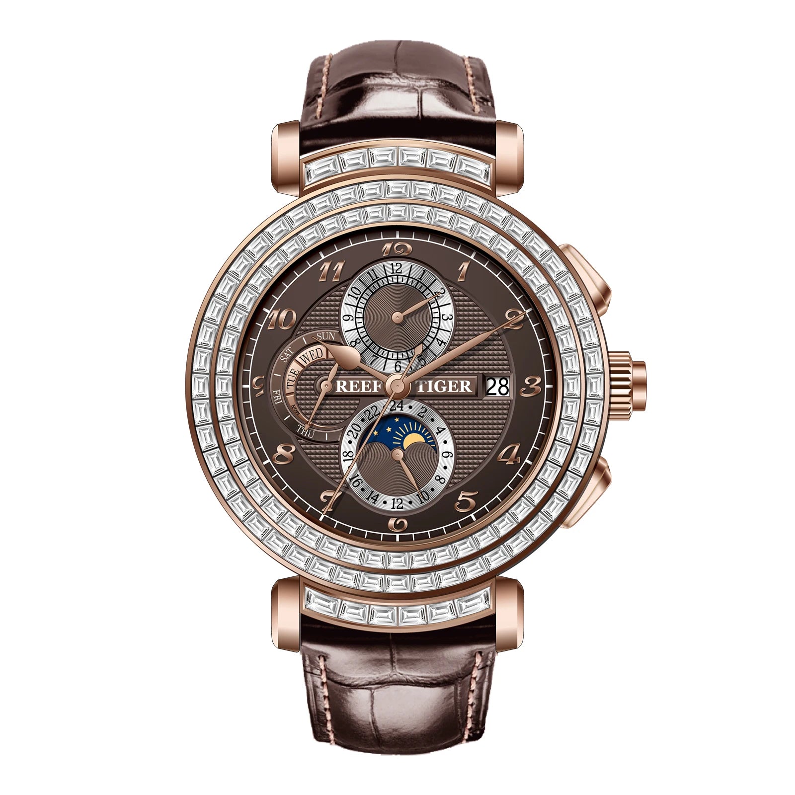 Rose Gold Moonphase Date Mechanical Watch — Brown | KIMLUD