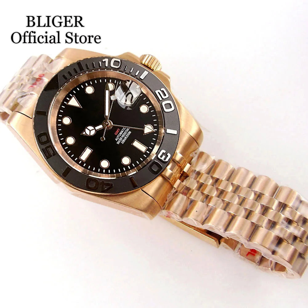 20ATM Waterproof 40mm Rose Gold NH34 GMT Automatic Watch For Men Steel Strap Ceramics Bezel Sapphire Glass Luminous