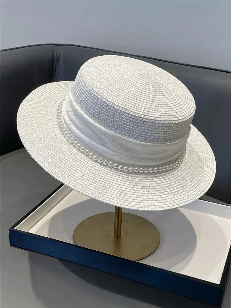Straw Flat Sun Hat Pearl Chain — Natural Beige | KIMLUD