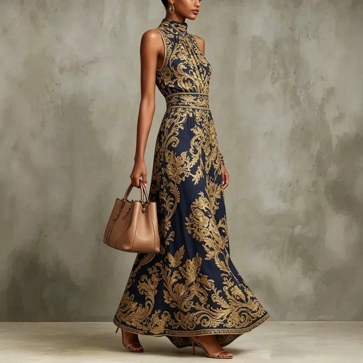 Maxi Dress – Baroque Print Halter Neck – Polyester A-Line | KIMLUD