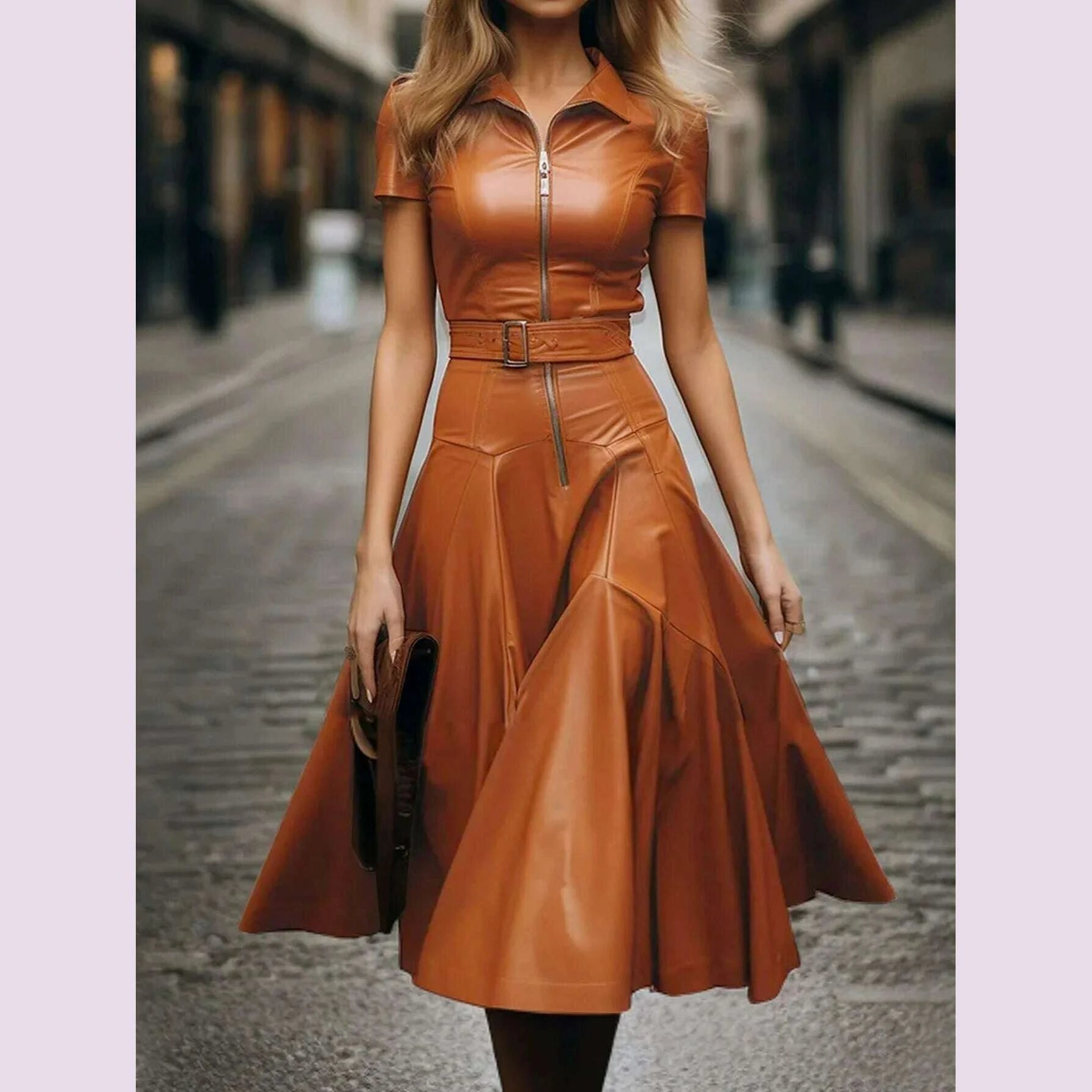 womens-shirt-collar-midi-dress-elegant-summer-zipper-short-sleeve-pu-leather-skinny-belted-lapel-fashion-midi-dress-2025kimlud-womens-fashion-34624881