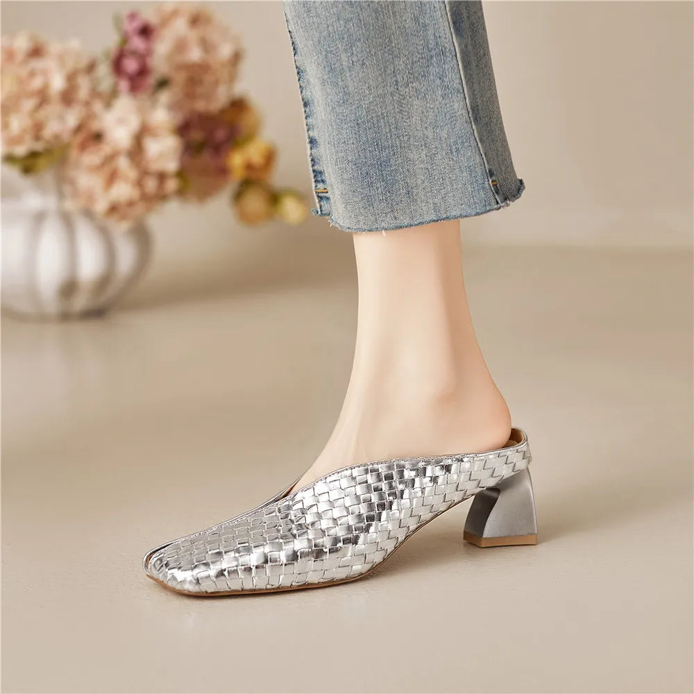 Metallic Cow Leather Slip-On Heels — Gold | KIMLUD