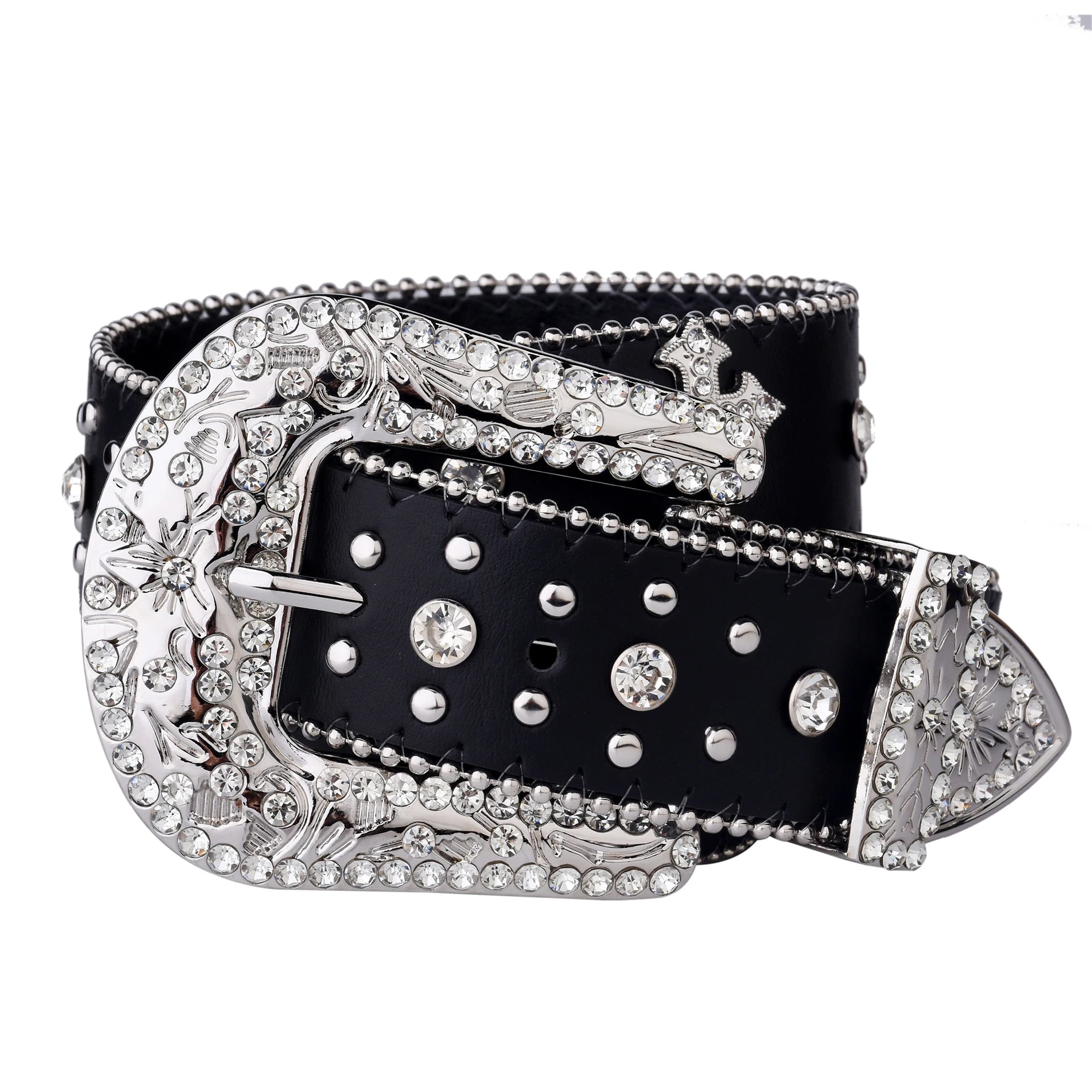 Black Cross Rivet Belt Engraved Buckle Rhinestone Decor PU Belt Hip Hop Jeans Pants Belt Punk Western Cowboy Cowgirl Belts