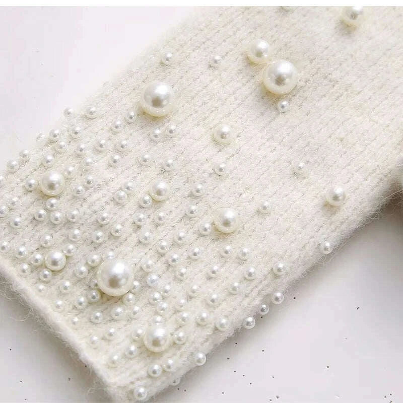 KIMLUD, Solid Pearl Knitted Skirt Sets Women Long Sleeve O-neck Elegant Fashion Pullover Sweater Mini Skirts Female Casual 2 Piece Suit, KIMLUD Womens Clothes