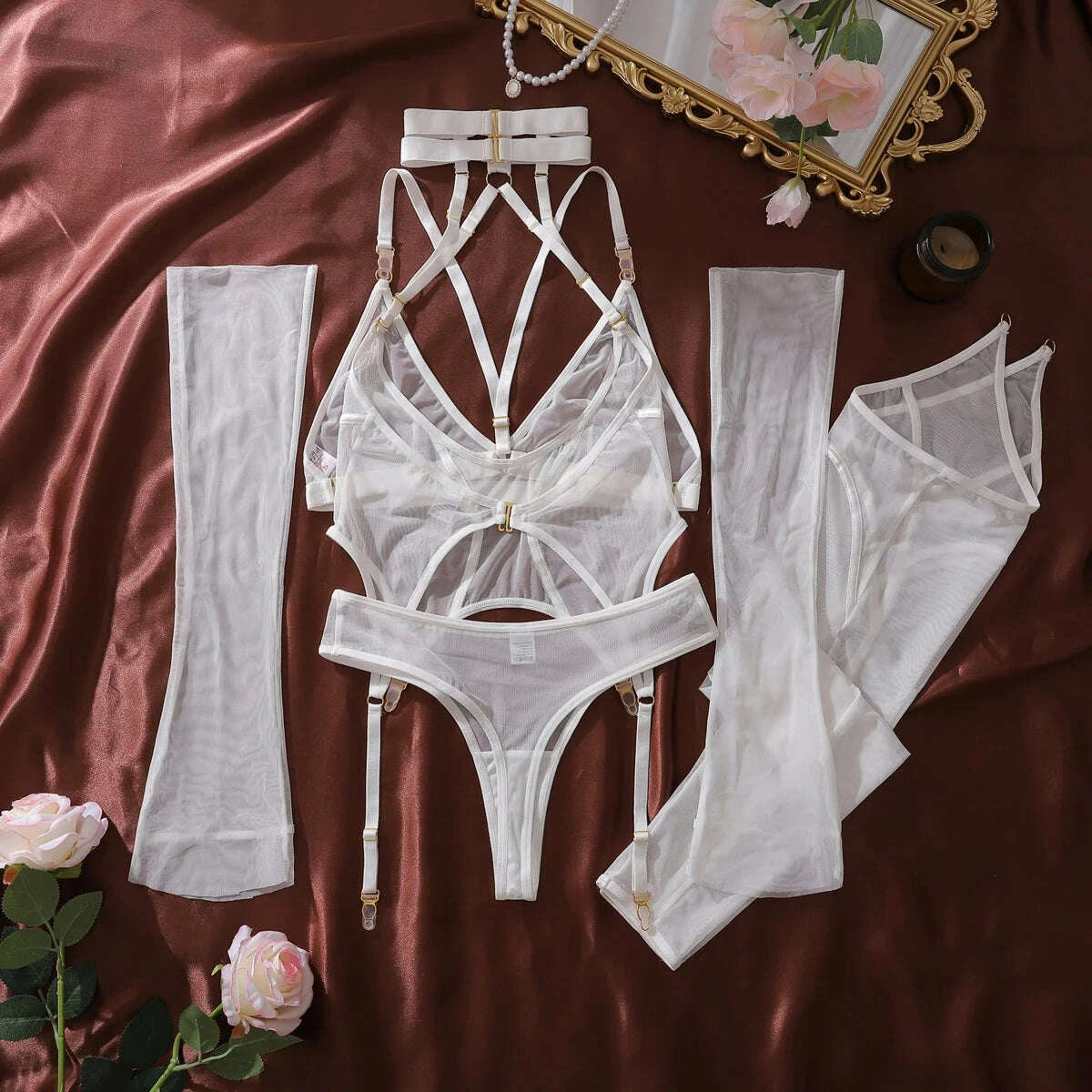 KIMLUD, Ellolace Premium Lingeries Sexy Hot Tempted Intimate Bra Thong 2PC Set with Accessories Fantasy Sheer Daring Lingerie For Women, KIMLUD Womens Clothes