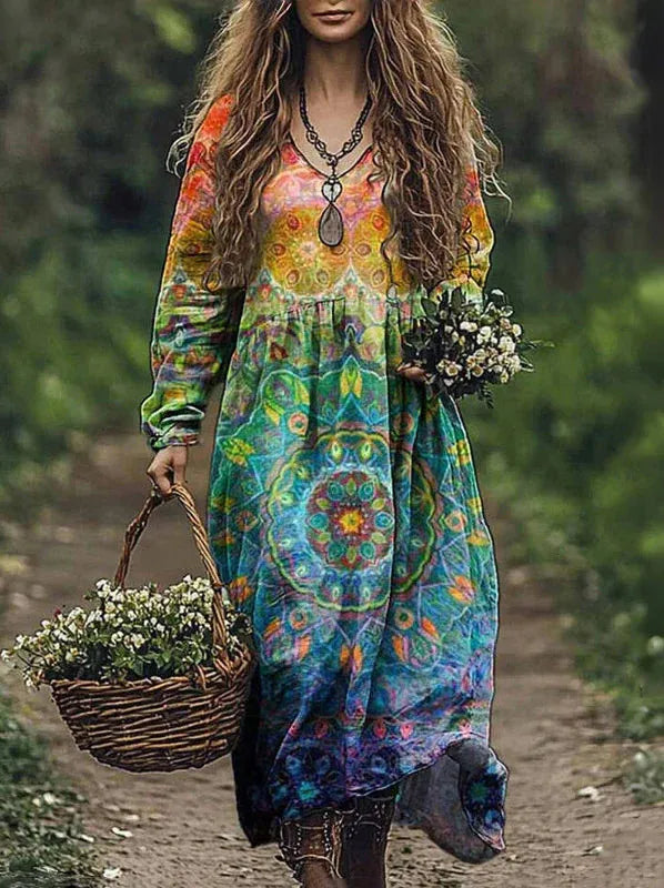 Boho Vintage Print Long Dresses For Women 2025 Casual V Neck Full Sleeve Splice High Waist Loose Dress Autumn Fashion Vestidos