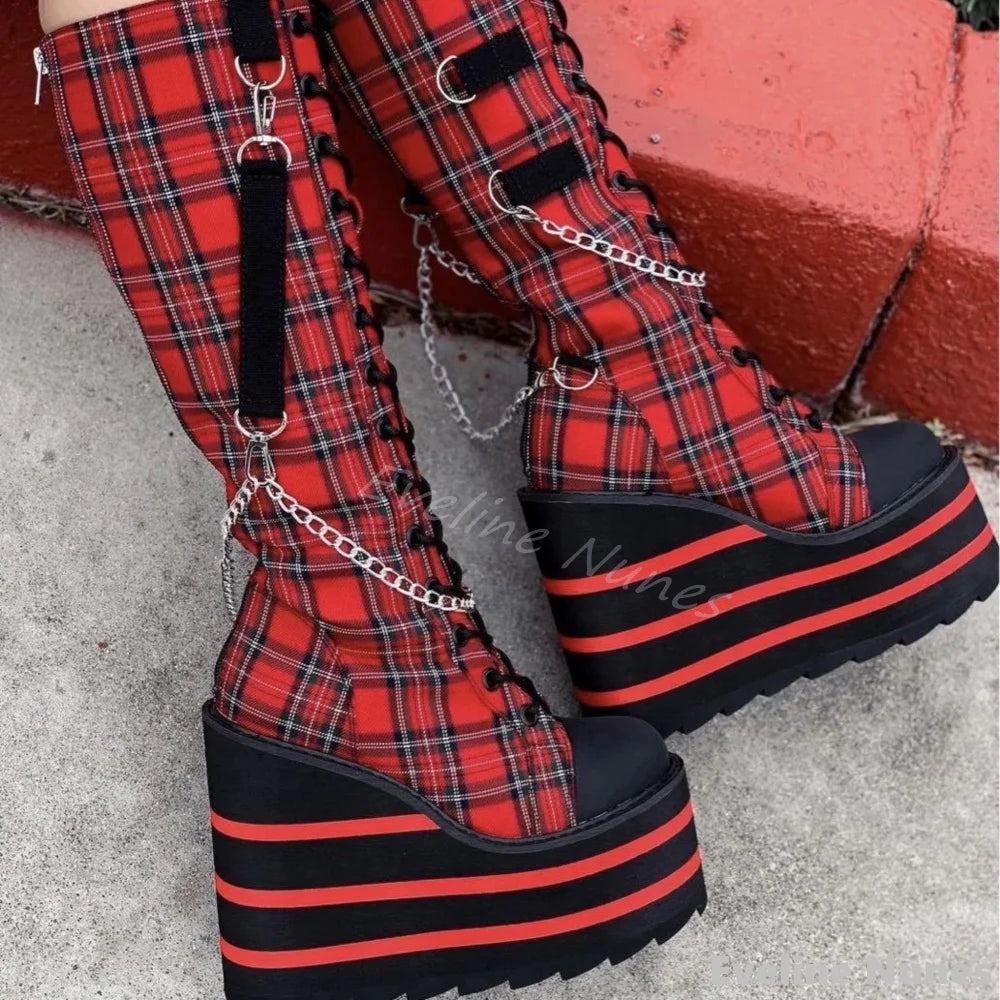 Canvas red Check Platform Knee high Boots Women Metal Chain Round Toe Wedges Cross Tied Lolita Heighten Shoes Lovely Sexy Boots
