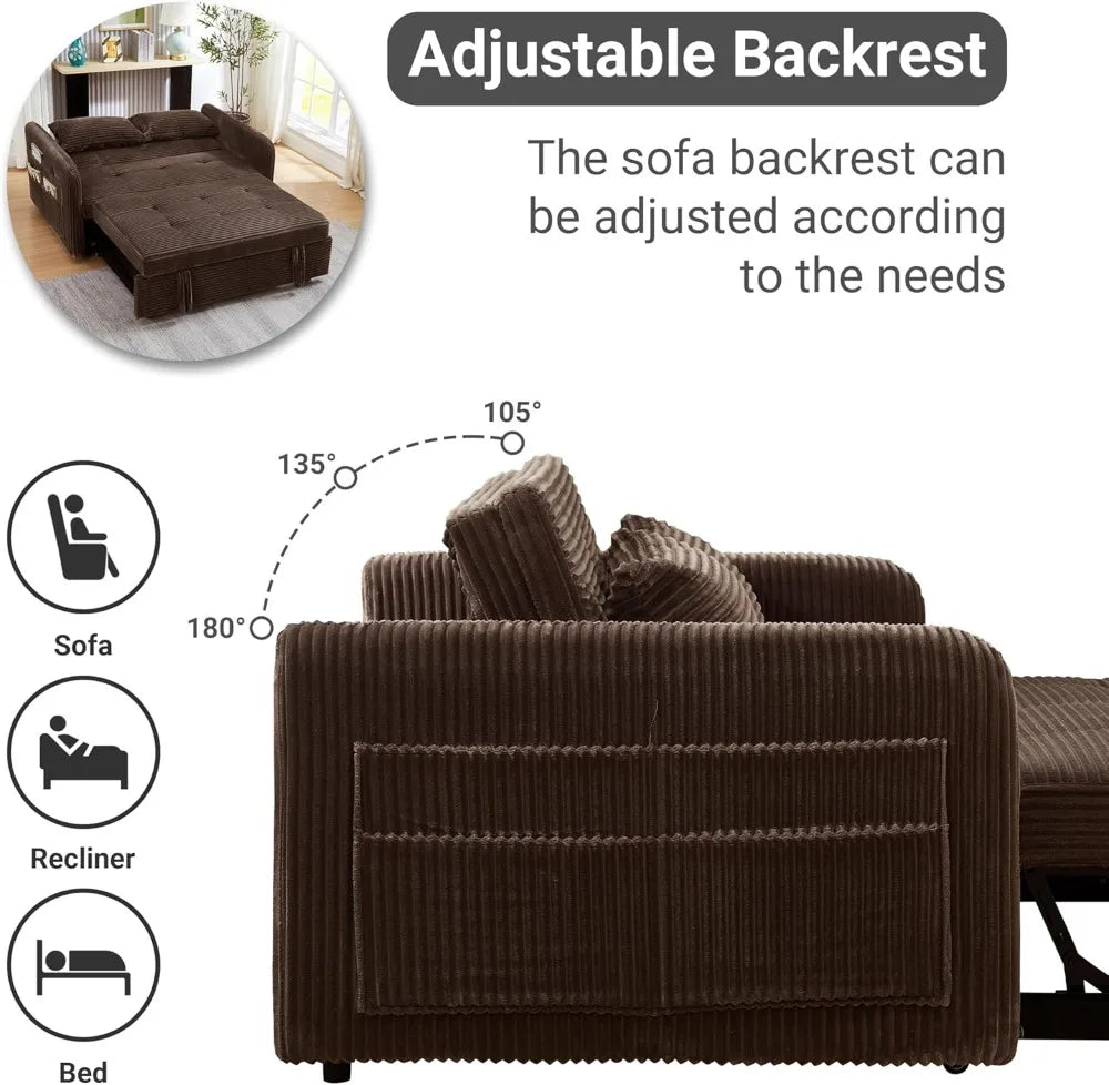 Corduroy Convertible Sofa Bed 3-in-1 Sleeper With USB Ports — Ivory | KIMLUD