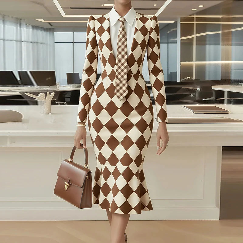 Turn-Down Collar Simple Mermaid Dress, Women Spring Autumn Long Sleeve Print Trumpet Dress, New Fashion Office Chic Ladies Dress