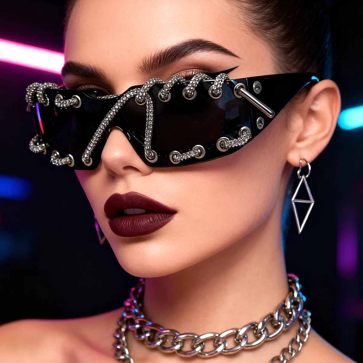 Frameless Crystal Chain Y2K Punk Sunglasses — Black | KIMLUD