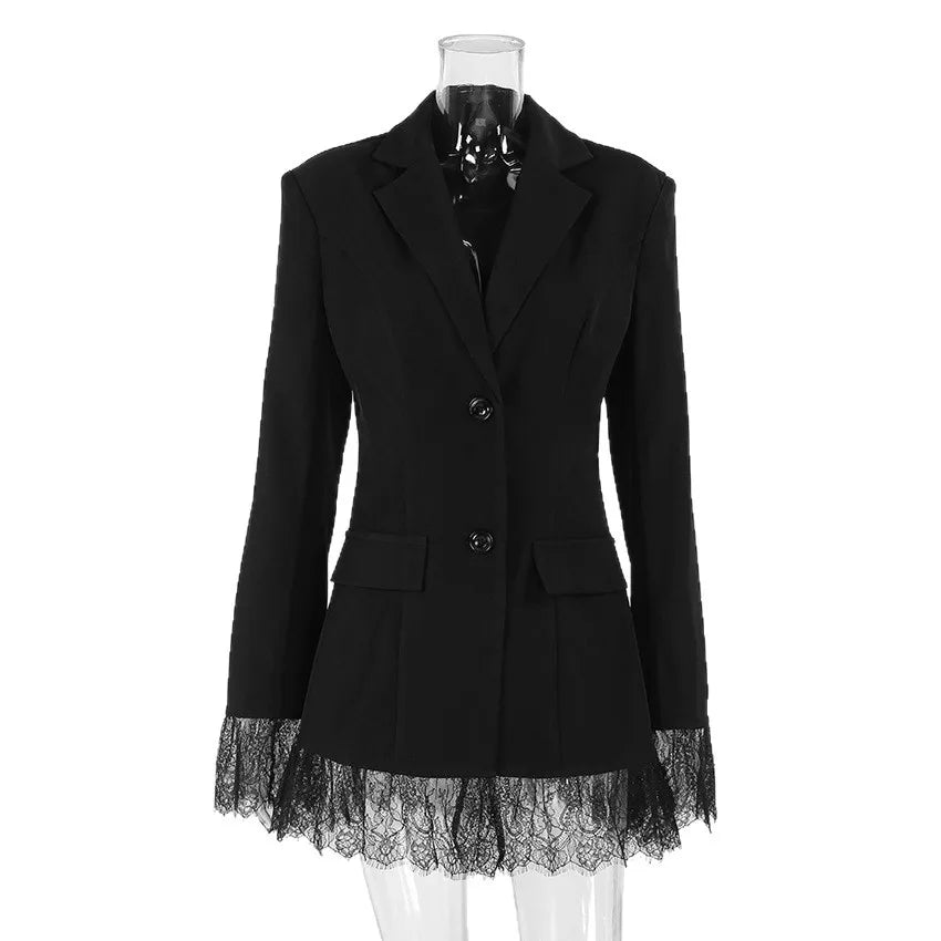 2025 Autumn and Winter New Fashion Black Small Suit Solid Jacket Design Sense Lace Splicing Commuting Long Sleeved Top Coat