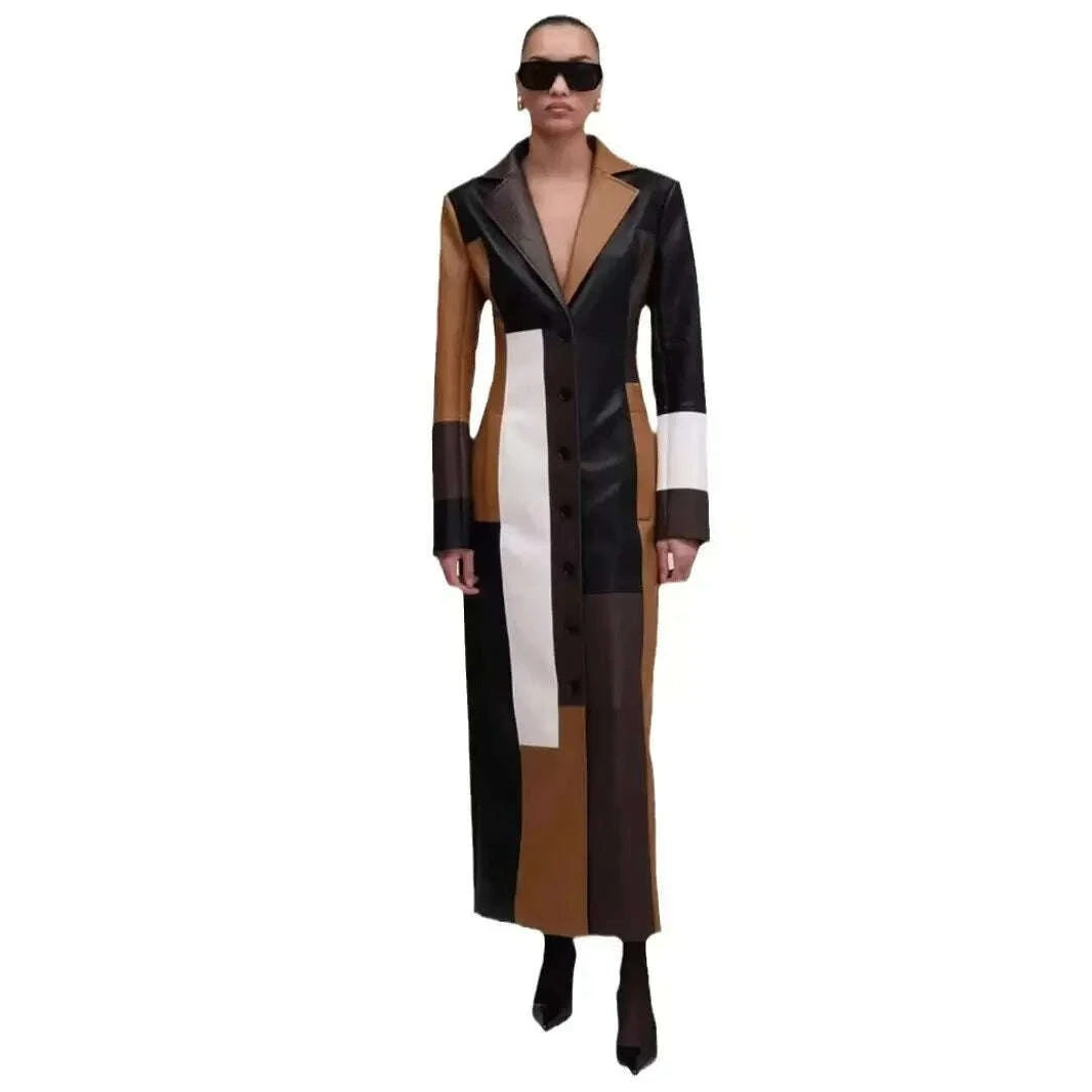 KIMLUD, Vintage Style V Neck Long Jackets Fashion Trench Turn-Down Collar Patchwork Single Button Long Sleeve Long Trench Coat for Women, KIMLUD Womens Clothes